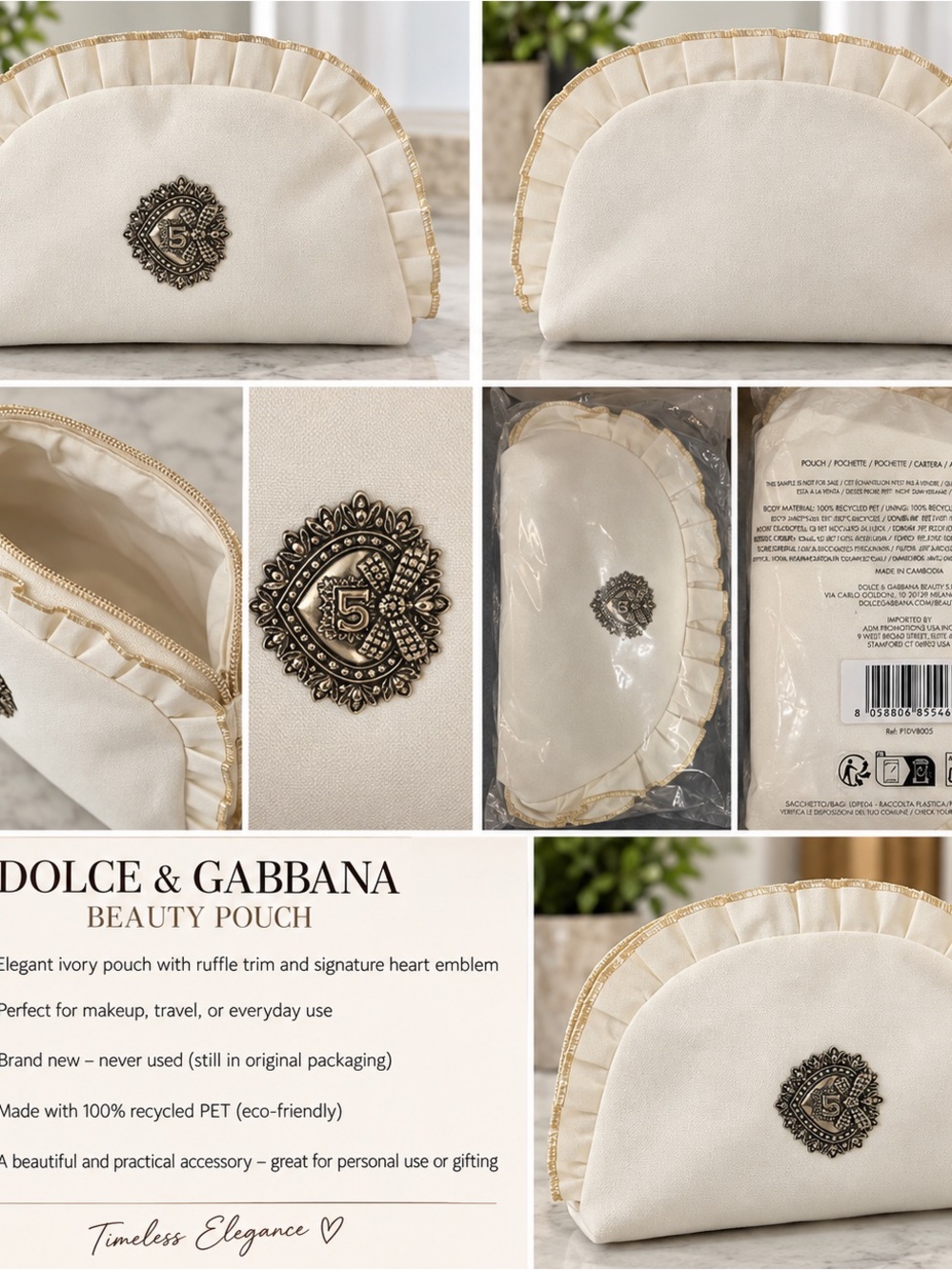 Dolce & Gabbana Beauty Ivory Ruffle Cosmetic Pouch NEW
